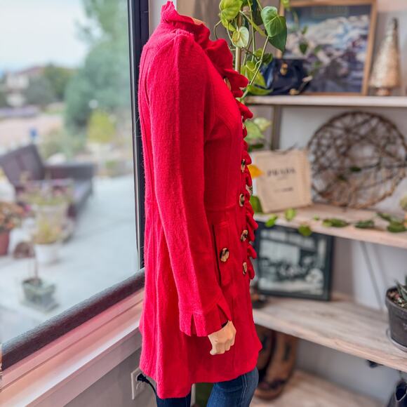 Luii Anthropologie Red Wool Ruffled Button Up Autumn Jacket Dress, Women's Small - Picture 4 of 13